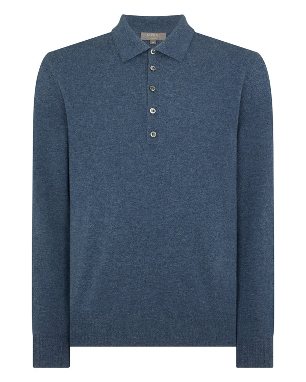 N.Peal Men's Greenwich Cashmere Polo Shirt Light Denim Blue