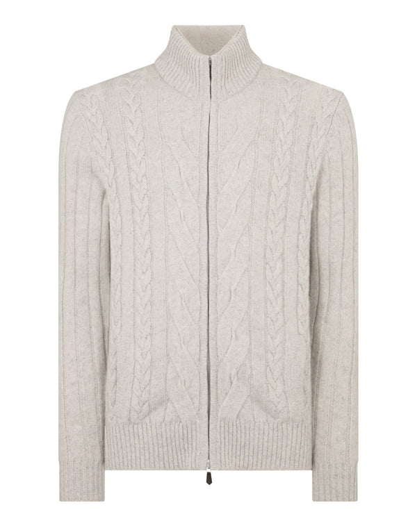 N.Peal Men's Colorado Cable Fur Trim Cashmere Jacket Ash Grey Marl