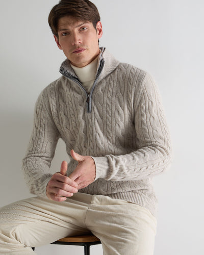 N.Peal Men's Fur Trim Half Zip Cashmere Jumper Nougat Brown Marl