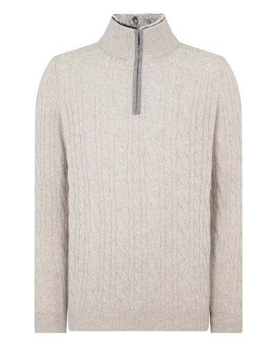 N.Peal Men's Fur Trim Half Zip Cashmere Jumper Nougat Brown Marl