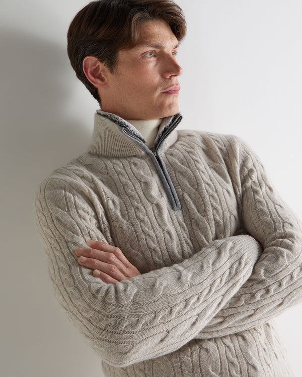 N.Peal Men's Fur Trim Half Zip Cashmere Jumper Nougat Brown Marl