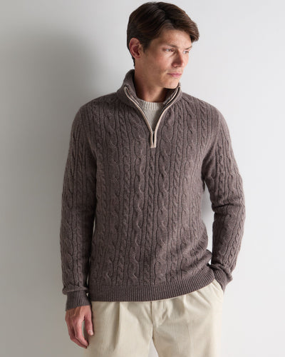 N.Peal Men's Fur Trim Half Zip Cashmere Jumper Otter Brown