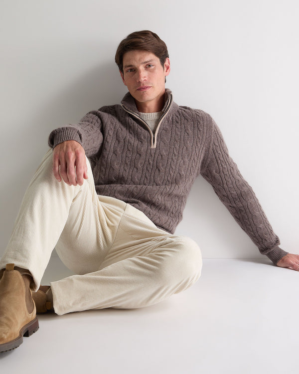 N.Peal Men's Fur Trim Half Zip Cashmere Jumper Otter Brown