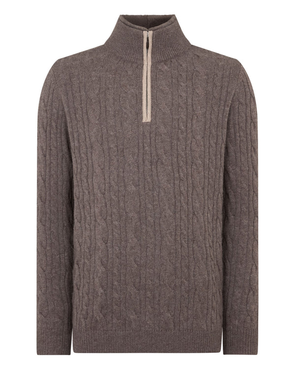 N.Peal Men's Fur Trim Half Zip Cashmere Jumper Otter Brown