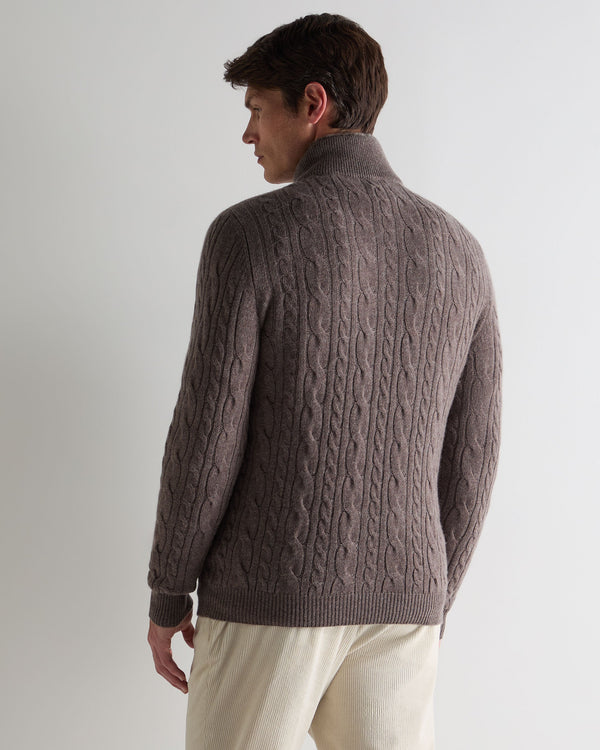 N.Peal Men's Fur Trim Half Zip Cashmere Jumper Otter Brown