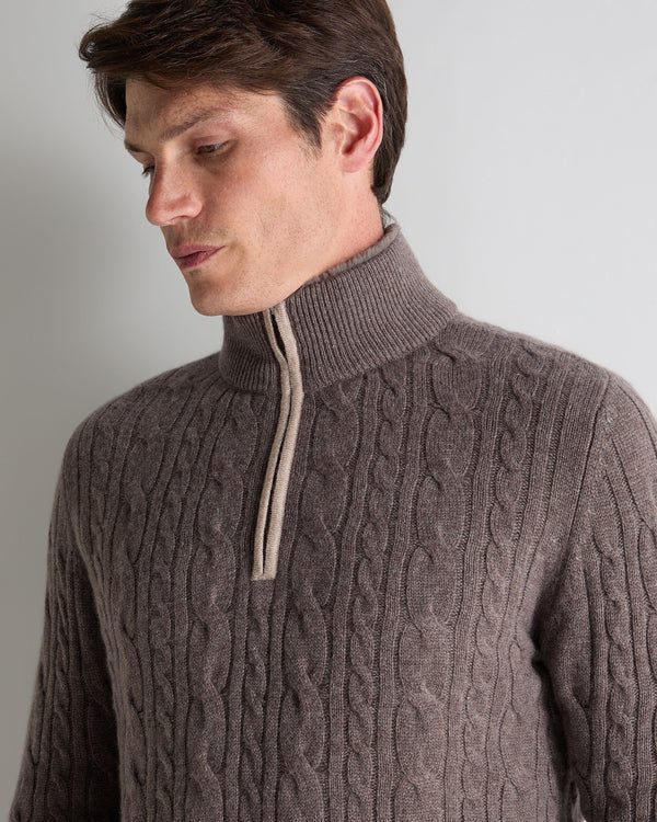 N.Peal Men's Fur Trim Half Zip Cashmere Jumper Otter Brown
