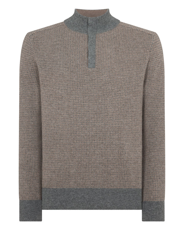 N.Peal Men's Half Button Herringbone Cashmere Jumper Truffle Houndstooth Grey