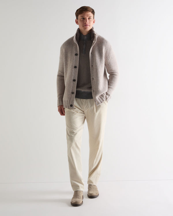 N.Peal Men's Half Button Herringbone Cashmere Jumper Truffle Houndstooth Grey