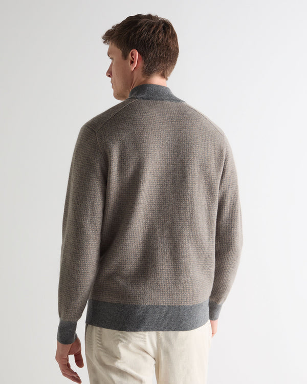 N.Peal Men's Half Button Herringbone Cashmere Jumper Truffle Houndstooth Grey