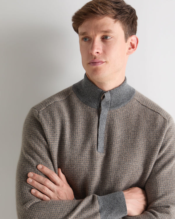 N.Peal Men's Half Button Herringbone Cashmere Jumper Truffle Houndstooth Grey