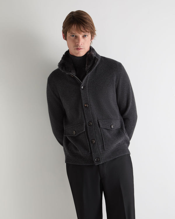 N.Peal Men's Knitted Cashmere Jacket Deep Charcoal Grey