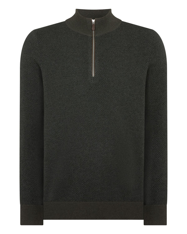 N.Peal Men's Temple Jacquard Half Zip Cashmere Jumper Arabica Khaki Green