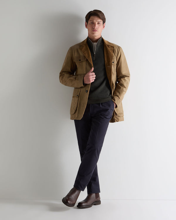 N.Peal Men's Temple Jacquard Half Zip Cashmere Jumper Arabica Khaki Green