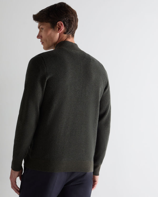 N.Peal Men's Temple Jacquard Half Zip Cashmere Jumper Arabica Khaki Green