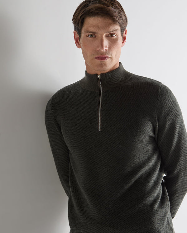 N.Peal Men's Temple Jacquard Half Zip Cashmere Jumper Arabica Khaki Green