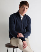 Men's Temple Jacquard Half Zip Cashmere Jumper Blue Herringbone
