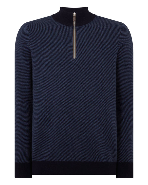 N.Peal Men's Temple Jacquard Half Zip Cashmere Jumper Blue Herringbone