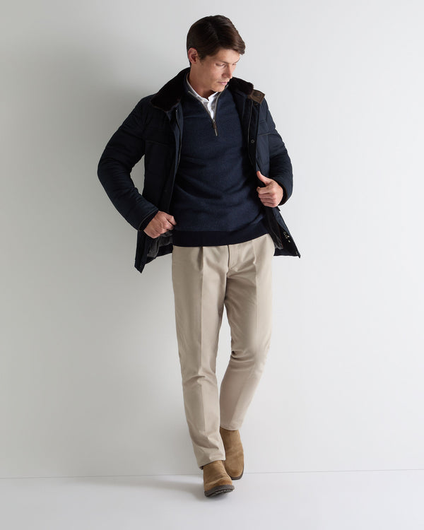 N.Peal Men's Temple Jacquard Half Zip Cashmere Jumper Blue Herringbone
