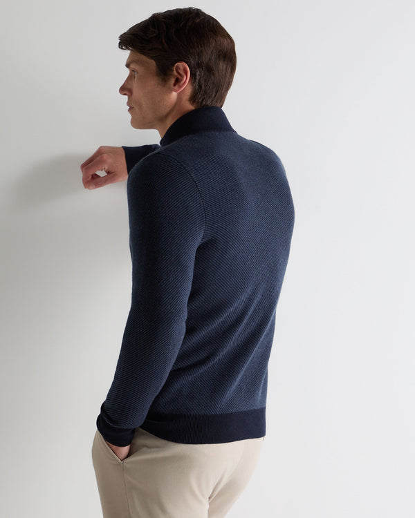 N.Peal Men's Temple Jacquard Half Zip Cashmere Jumper Blue Herringbone