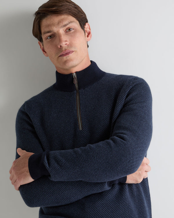 N.Peal Men's Temple Jacquard Half Zip Cashmere Jumper Blue Herringbone