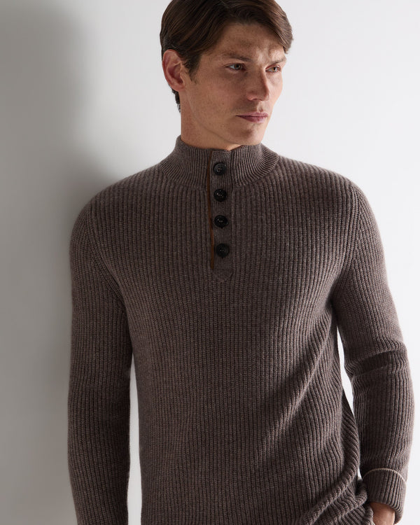 N.Peal Men's Beauchamp Half Button Cashmere Jumper Otter Brown