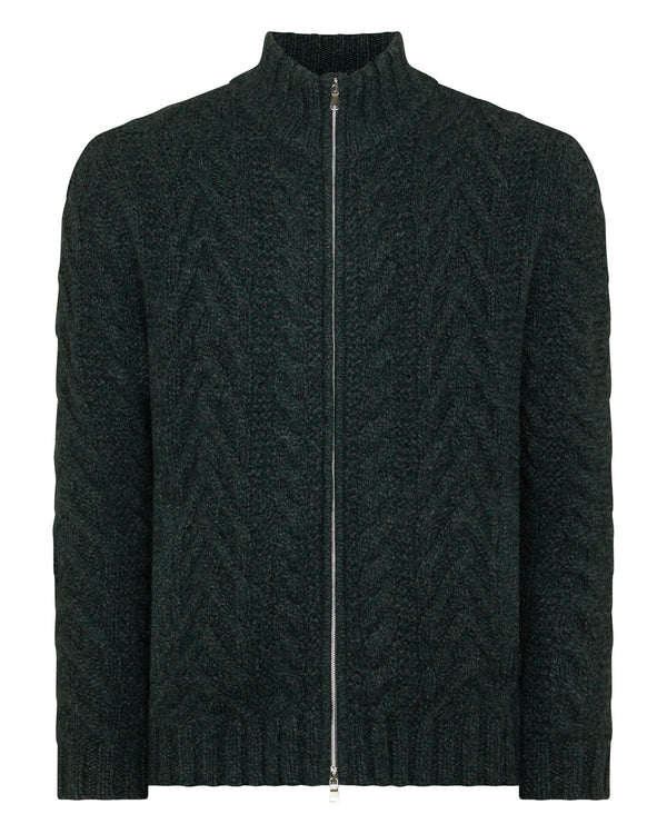 N.Peal Men's Cable Full Zip Cashmere Jumper Green Melange
