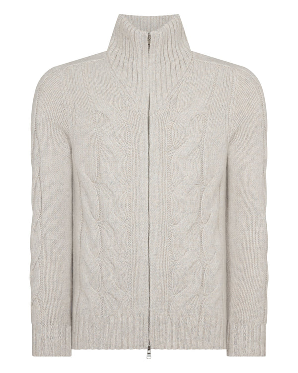 N.Peal Men's Chunky Cable Full Zip Cashmere Jumper Ash Grey Marl