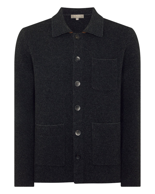 N.Peal Men's Herringbone Cashmere Polo Shirt Black