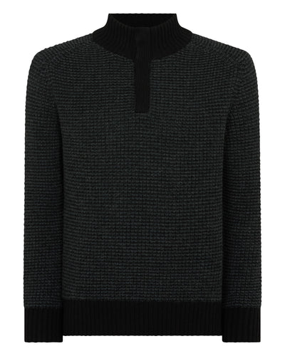 N.Peal Men's Moss Stitch Half Button Cashmere Jumper Black