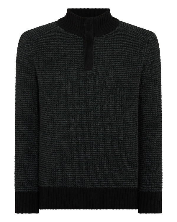 N.Peal Men's Moss Stitch Half Button Cashmere Jumper Black