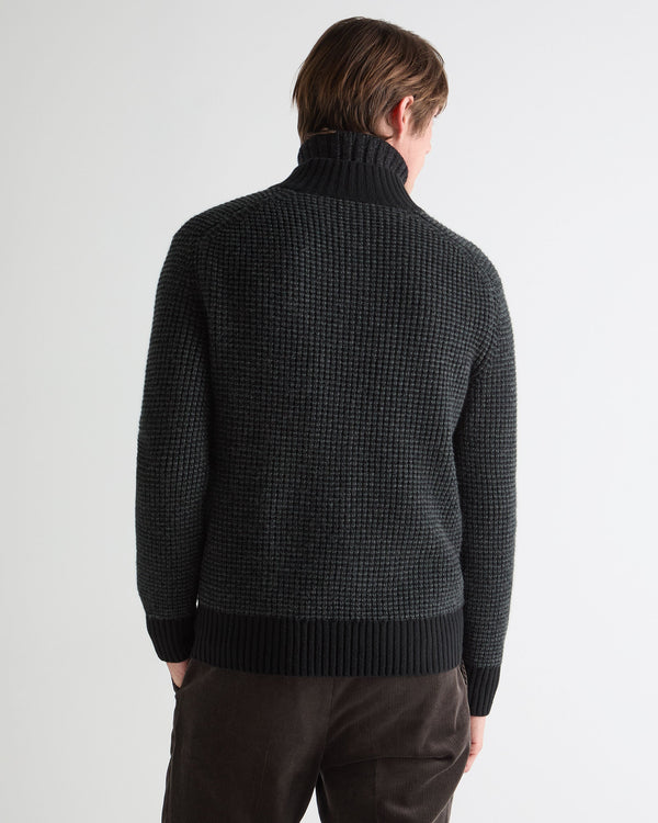 N.Peal Men's Moss Stitch Half Button Cashmere Jumper Black