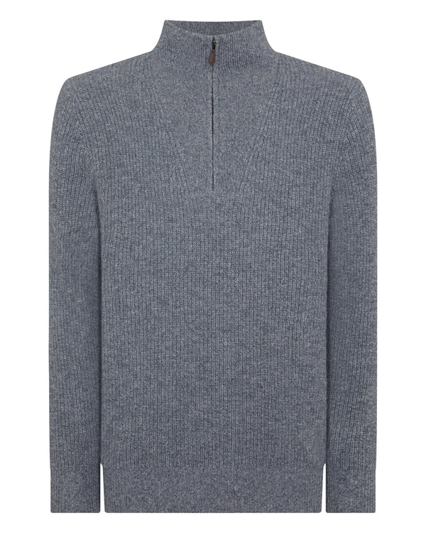 N.Peal Men's Half Zip Rib Cashmere Jumper Grey Melange