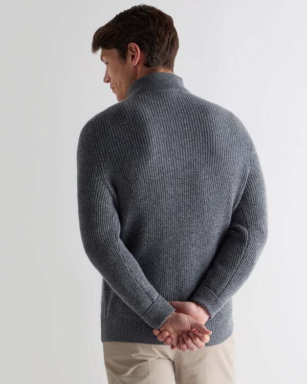 N.Peal Men's Half Zip Rib Cashmere Jumper Grey Melange