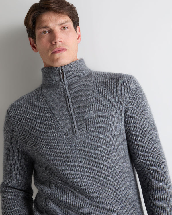 N.Peal Men's Half Zip Rib Cashmere Jumper Grey Melange