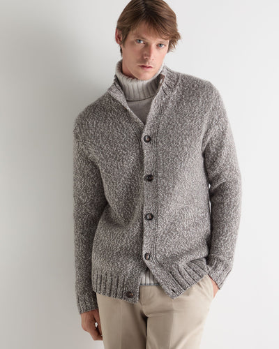 N.Peal Men's Button Through Marl Cashmere Cardigan Soft Truffle Brown Marl