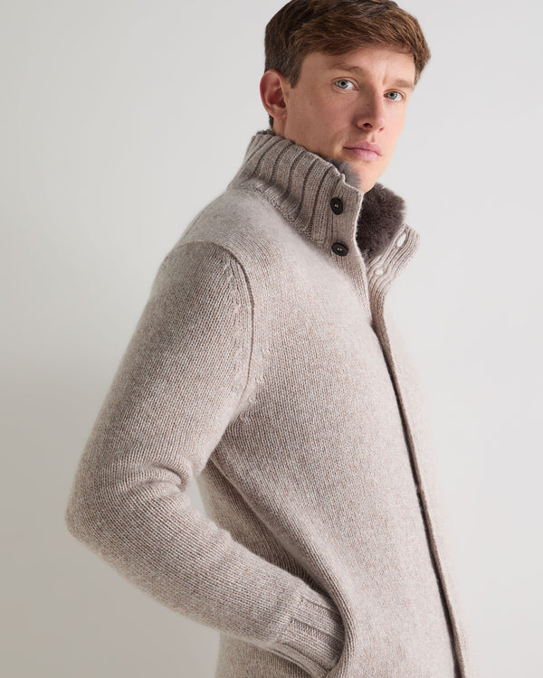 N.Peal Men's Button Through Cashmere Cardigan With Fur Basilica Beige Brown