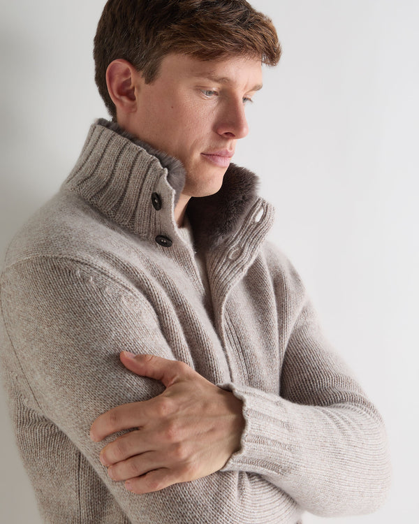 N.Peal Men's Button Through Cashmere Cardigan With Fur Basilica Beige Brown