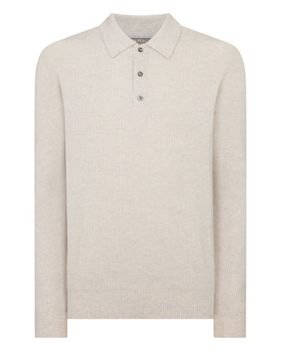 N.Peal Men's Ribbed Cashmere Polo Top Pebble Grey