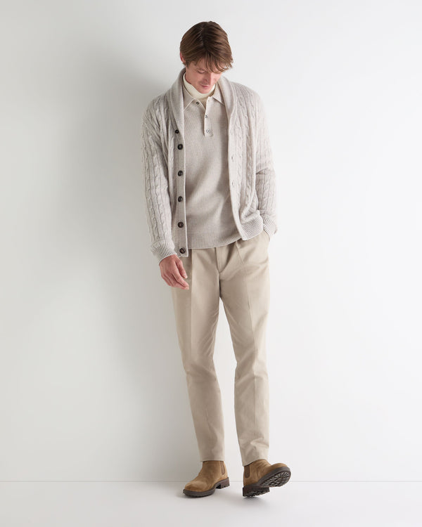 N.Peal Men's Ribbed Cashmere Polo Top Pebble Grey