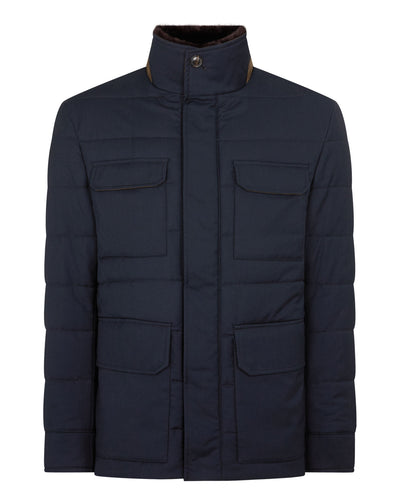 N.Peal Men's Zermatt Quilted Jacket With Fur Navy Blue