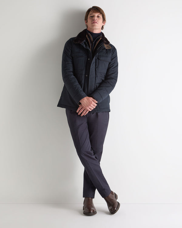 N.Peal Men's Zermatt Quilted Jacket With Fur Navy Blue