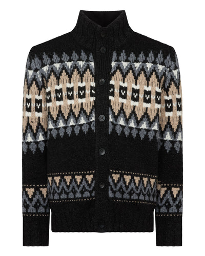 N.Peal Men's Jacquard Button Through Cashmere Cardigan Charcoal Grey
