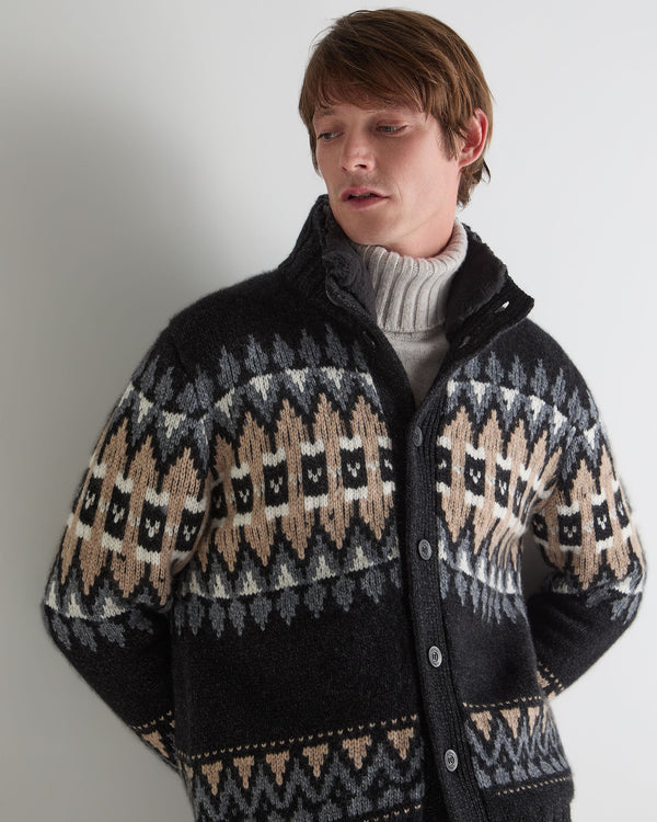 N.Peal Men's Jacquard Button Through Cashmere Cardigan Charcoal Grey