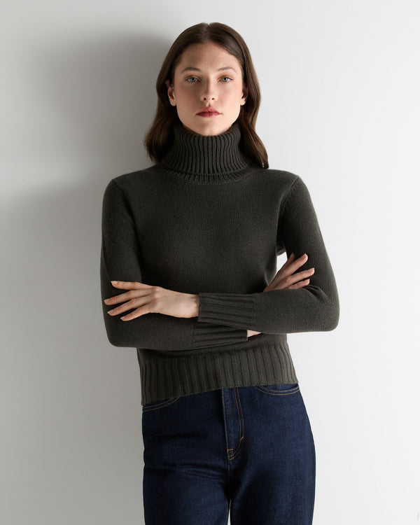 N.Peal Women's Hazel Chunky Roll Neck Cashmere Jumper Arabica Khaki Green