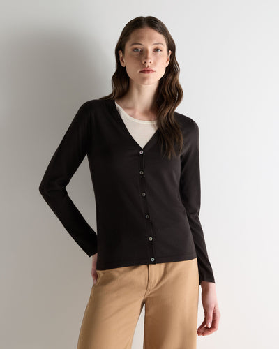 N.Peal Women's Mia Superfine Cashmere V Neck Cardigan Chocolate Brown