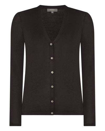 N.Peal Women's Mia Superfine Cashmere V Neck Cardigan Chocolate Brown
