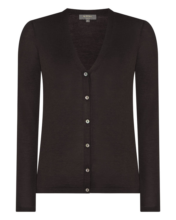 N.Peal Women's Mia Superfine Cashmere V Neck Cardigan Chocolate Brown