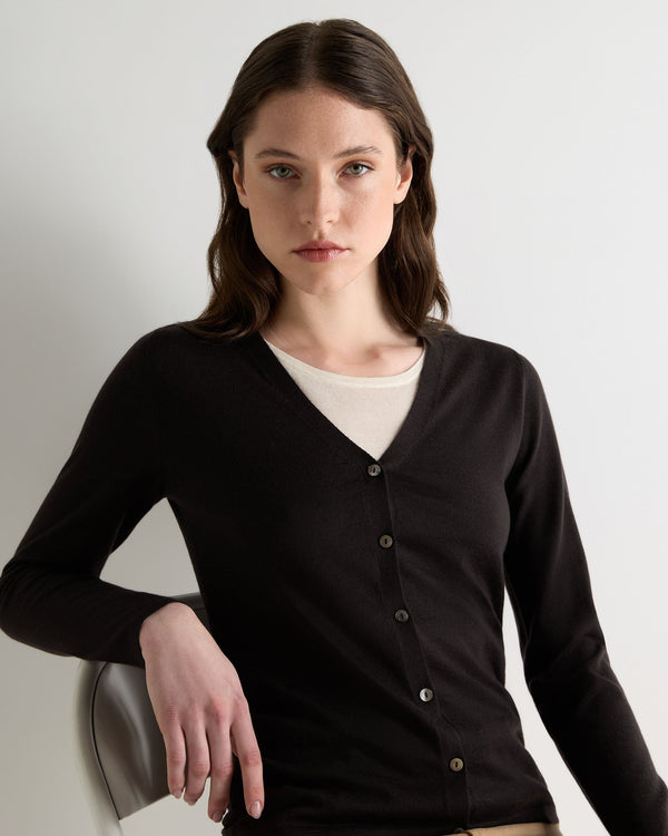 N.Peal Women's Mia Superfine Cashmere V Neck Cardigan Chocolate Brown
