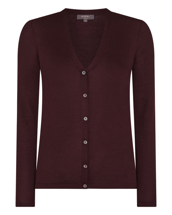 N.Peal Women's Mia Superfine Cashmere V Neck Cardigan Claret Red