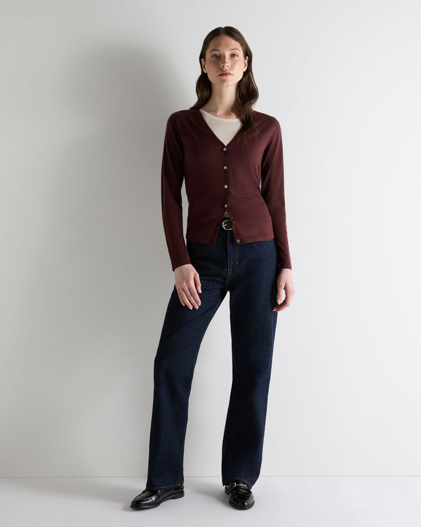 N.Peal Women's Mia Superfine Cashmere V Neck Cardigan Claret Red